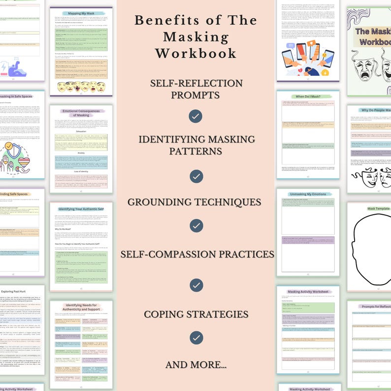 May include: A digital workbook titled Benefits of The Masking Workbook, featuring a central list of features including self-reflection prompts, identifying masking patterns, grounding techniques, self-compassion practices, and coping strategies, surrounded by various page previews.