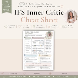 以下が含まれることがあります： IFS Inner Criticチートシートには、The Inner Critic An IFS Quick Guideというタイトルの中心的なチャートが含まれています。レイアウトには、一般的な兆候、内なる批判者のサイクル、この部分が保護するもの、ニーズ、および自己主導型のサポートに関するセクションがあります。