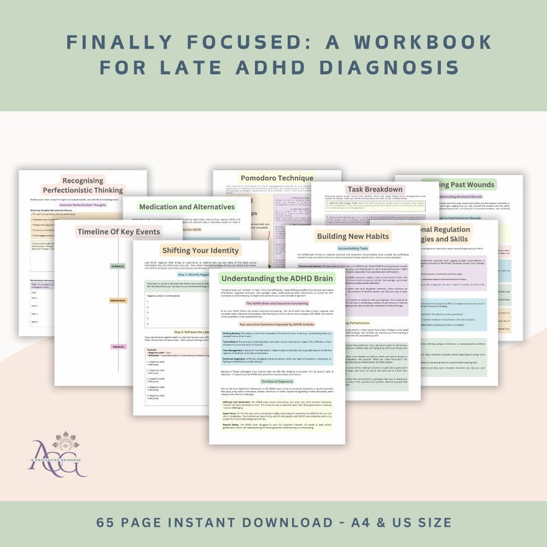 Pu&ograve; includere: Una raccolta di quaderni aperti con titoli come "Comprendere il cervello ADHD" e "Costruire nuove abitudini". Il testo "FINALLY FOCUSED: A WORKBOOK FOR LATE ADHD DIAGNOSIS" &egrave; in alto. Il testo in basso recita "65 PAGE INSTANT DOWNLOAD - A4 & US SIZE."