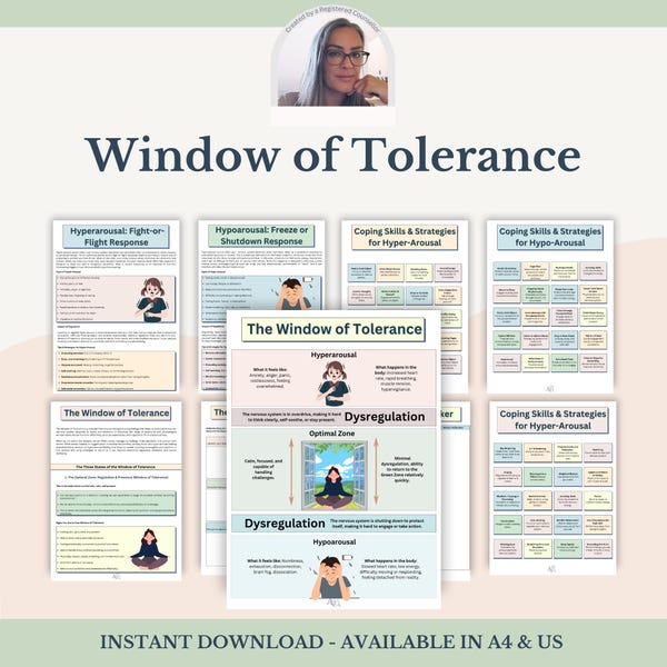Window of Tolerance Worksheet: Emotional Regulation, Trauma Counseling (Digital Download A4/US Letter Size)