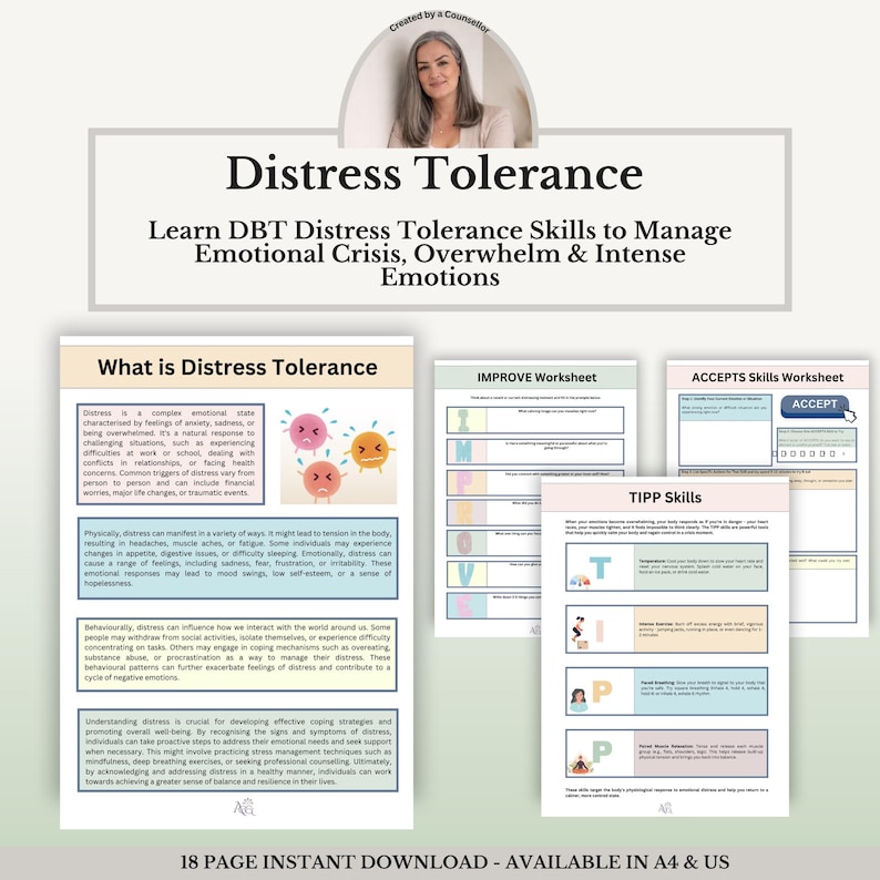 Fogli di lavoro DBT per la tolleranza al disagio, abilità di regolazione emotiva, quaderno di esercizi di terapia per le strategie di coping, strumenti per affrontare le crisi, PDF sulla salute mentale immagine 1