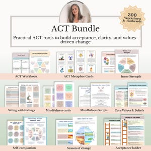 ACT Therapy Bundle, Acceptance and Commitment Therapy Worksheets, Values & Defusion Exercises, Mindfulness Workbook, Mental Health PDF