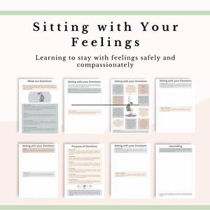 Może przedstawiać: Cyfrowy zeszyt ćwiczeń zatytułowany Sitting with Your Feelings, Learning to stay with feelings safely and compassionately. Zawiera osiem stron z tekstem, wykresami i ilustracjami przedstawiającymi osobę na huśtawce.