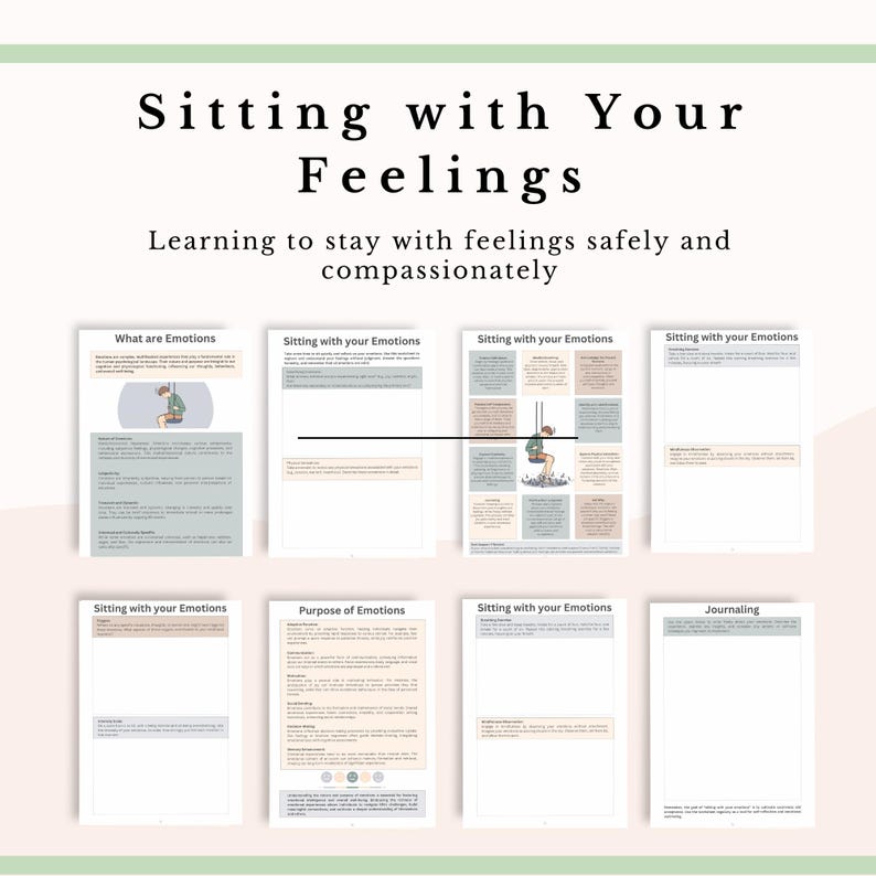 Może przedstawiać: Cyfrowy zeszyt ćwiczeń zatytułowany Sitting with Your Feelings, Learning to stay with feelings safely and compassionately. Zawiera osiem stron z tekstem, wykresami i ilustracjami przedstawiającymi osobę na huśtawce.