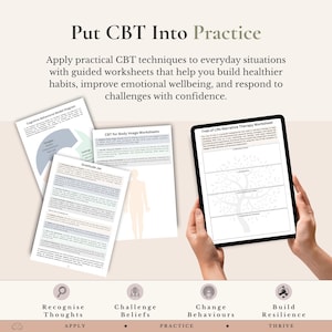 May include: A collection of CBT worksheets including a Cognitive Behavioral Model diagram, a Gratitude Jar guide, and a Body Image worksheet, alongside a tablet displaying a Tree of Life Narrative Therapy worksheet with four distinct sections.