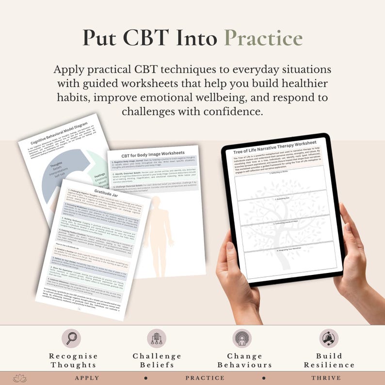 May include: A collection of CBT worksheets including a Cognitive Behavioral Model diagram, a Gratitude Jar guide, and a Body Image worksheet, alongside a tablet displaying a Tree of Life Narrative Therapy worksheet with four distinct sections.
