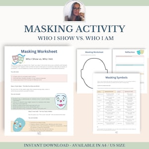 May include: A printable worksheet for a masking activity. The worksheet includes two masks, one for the outer self and one for the inner self. The worksheet also includes a table of symbols that can be used to represent different aspects of the self. The text on the worksheet reads "Masking Worksheet: Who I Show vs. Who I Am".
