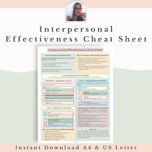 Puede incluir: Una hoja de trucos imprimible sobre la efectividad interpersonal con una foto de una mujer en la esquina superior. El documento presenta secciones sobre habilidades de comunicación, incluidas las técnicas DEAR MAN, GIVE y FAST. El texto es en negro y verde.
