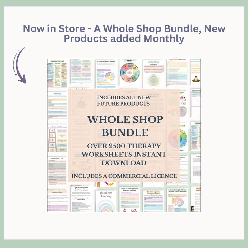 May include: An image advertising a whole shop bundle of over 2500 therapy worksheets, available for instant download. The text includes "Whole Shop Bundle," "Includes all new future products," and "Includes a commercial licence."