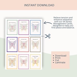 Op de afbeelding: Set van 54 printbare stressmanagementkaarten met aquarel vlinders en kalmerende zinnen. De kaarten zijn ontworpen om je te helpen rust en balans te vinden. De tekst op de kaarten omvat: Snelle visualisatie, Lachpauze, Gefocust luisteren, Tech-time-out, Dankbaarheidswandeling, Balanceren, Positieve affirmaties, Desktop Zen-tuin en Gedachtenbubbel-uitbarsting.