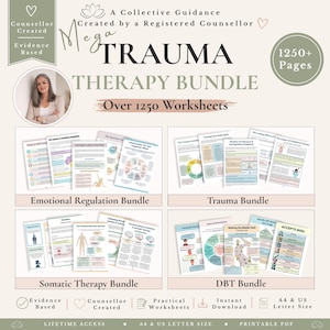 Op de afbeelding: Een digitaal traumatherapie-pakket met meer dan 1250 pagina's aan werkbladen. Het document bevat secties voor emotionele regulatie, trauma, somatische therapie en DBT. Het is evidence-based, opgesteld door een counselor en beschikbaar in A4- en US Letter-formaat voor download.