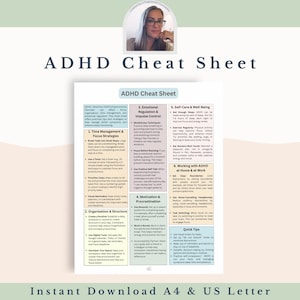 Pode incluir: Uma folha de dicas de TDAH branca com texto preto, apresentando estratégias para gerenciamento de tempo, regulação emocional e autocuidado. A folha inclui uma foto de uma mulher no topo e o texto "Instant Download A4 & US Letter" na parte inferior.