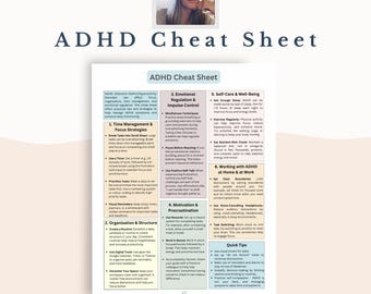 Może przedstawiać: Biały arkusz ADHD Cheat Sheet z czarnym tekstem, zawierający strategie zarządzania czasem, regulacji emocji i dbania o siebie. Arkusz zawiera zdjęcie kobiety na górze i tekst "Instant Download A4 & US Letter" na dole.