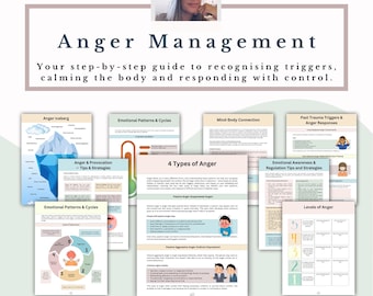 Manual de manejo de la ira / Hojas de trabajo de TCC / Regulación emocional imprimible / Herramientas para la calma / Paquete de terapia en PDF