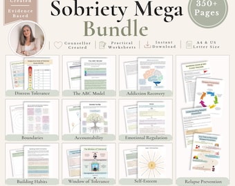 May include: A Sobriety Mega Bundle digital document set featuring over 350 pages of worksheets. The layout includes sections for distress tolerance, the ABC model, addiction recovery, boundaries, accountability, emotional regulation, habit building, window of tolerance, self-esteem, and relapse prevention.