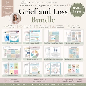 May include: A digital bundle of 350+ pages titled Grief and Loss Bundle, created by a registered counsellor. It includes printable worksheets, cheat sheets, meditation scripts, affirmation cards, and grief cards in A4 and US letter sizes.