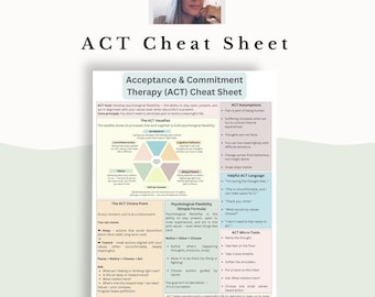 May include: A printable ACT (Acceptance and Commitment Therapy) cheat sheet with a white background. The sheet includes sections on ACT goals, assumptions, and micro-tools. Text includes "The ACT Hexaflex" and "Psychological Flexibility". The image is available in A4 and US Letter sizes.