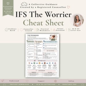 May include: A digital cheat sheet titled IFS The Worrier, featuring sections on common signs, what the part protects, needs, a worry cycle diagram, and quick reframe techniques. The document includes a small illustration of a person thinking.