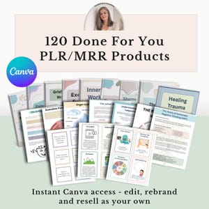 May include: A collection of 120 digital mental health workbooks and worksheets with titles like Healing Trauma, The Roots of Automatic Negative Thinking, and Executive Functioning. The documents feature pastel graphics, charts, and text.