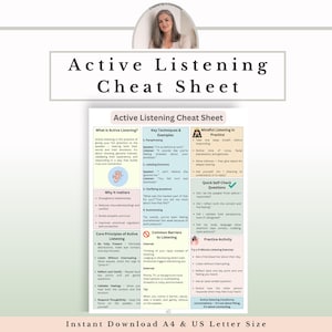 May include: A printable "Active Listening Cheat Sheet" with key techniques and examples. The sheet includes sections on mindful listening, core principles, and common barriers. The text at the bottom reads "Instant Download A4 & US Letter Size."