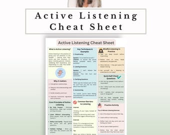Active Listening Cheat Sheet PDF, Communication Skills Guide, Quick Reference Therapy Tool, Counseling Resource