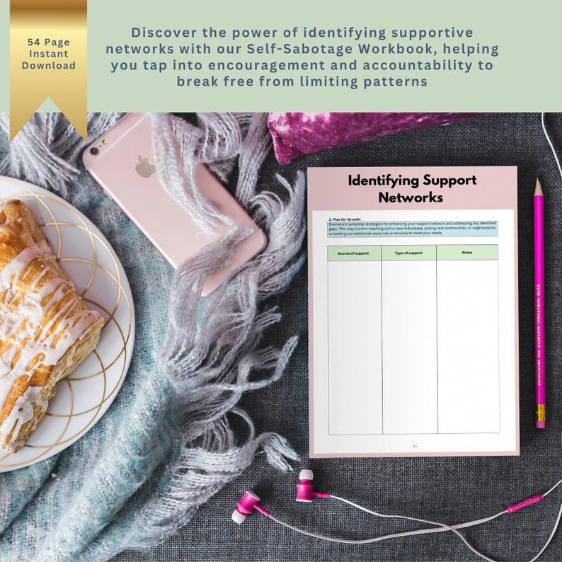 May include: A pink and green printable worksheet titled "Identifying Support Networks" with a section for "Plan for Growth" and columns for "Source of Support", "Type of Support", and "Notes".