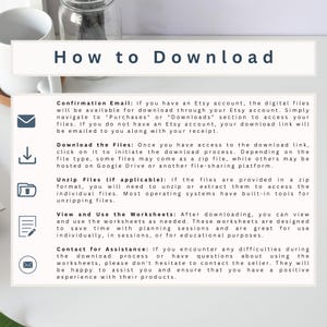 Pu&ograve; includere: Una grafica bianca con il testo "How to Download" in alto. Sotto, le istruzioni spiegano come scaricare file digitali da Etsy, tra cui e-mail di conferma, download di file, decompressione e utilizzo di fogli di lavoro. Vengono fornite anche informazioni di contatto.