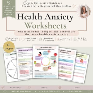 Peut inclure: Un ensemble de 13 fiches de travail imprimables sur l'anxiété liée à la santé, avec le titre Health Anxiety Worksheets, incluant des sections comme The Anxiety Loop et Breaking the Health Anxiety Cycle, disponibles en formats A4 et US Letter.
