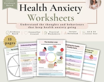 May include: A set of 13 printable health anxiety worksheets featuring the title Health Anxiety Worksheets, with subheadings including The Anxiety Loop, Understanding Health Anxiety, and Breaking the Health Anxiety Cycle, presented in A4 and US Letter size.