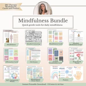 May include: A bundle of mindfulness resources, including worksheets, cards, and posters. The image features a variety of tools for daily mindfulness, such as affirmation cards, meditation scripts, and coloring pages. The text on the image says "Mindfulness Bundle" and "Instant Printable Download - US letter & A4 Size."