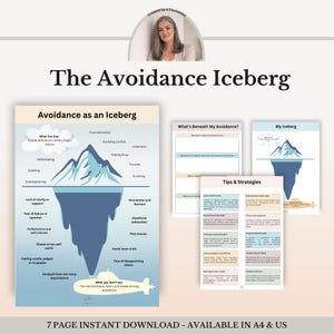 May include: A 7-page digital download titled The Avoidance Iceberg, featuring a large infographic of an iceberg illustrating avoidance behaviors above and below the waterline, alongside worksheets titled What's Beneath My Avoidance and Tips & Strategies.