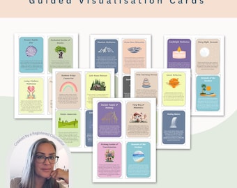May include: A set of 60 colorful cards with illustrations and text for guided visualization exercises. The cards are designed for relaxation and focus. The text on the cards includes phrases like "Mountain Meditation", "Fairy Ring of Abundance", and "Alchemy Garden of Transformation".