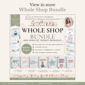 May include: A digital bundle of therapy resources featuring the text Whole Shop Bundle 6000 Pages of Therapy Resources. The graphic includes various document previews, a circular portrait of a person, and lists features like lifetime access.
