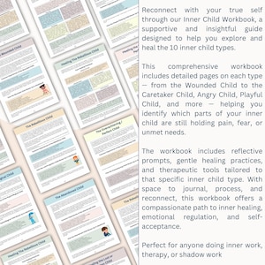 Pu&ograve; includere: Una pila di quaderni di lavoro con il titolo "Inner Child Workbook". Le pagine colorate contengono testo e illustrazioni. I titoli includono "The Rebellious Child" e "The Overachieving/Perfect Child".