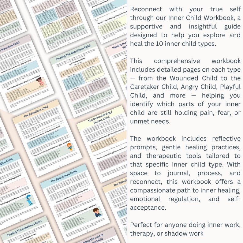 Pu&ograve; includere: Una pila di quaderni di lavoro con il titolo "Inner Child Workbook". Le pagine colorate contengono testo e illustrazioni. I titoli includono "The Rebellious Child" e "The Overachieving/Perfect Child".