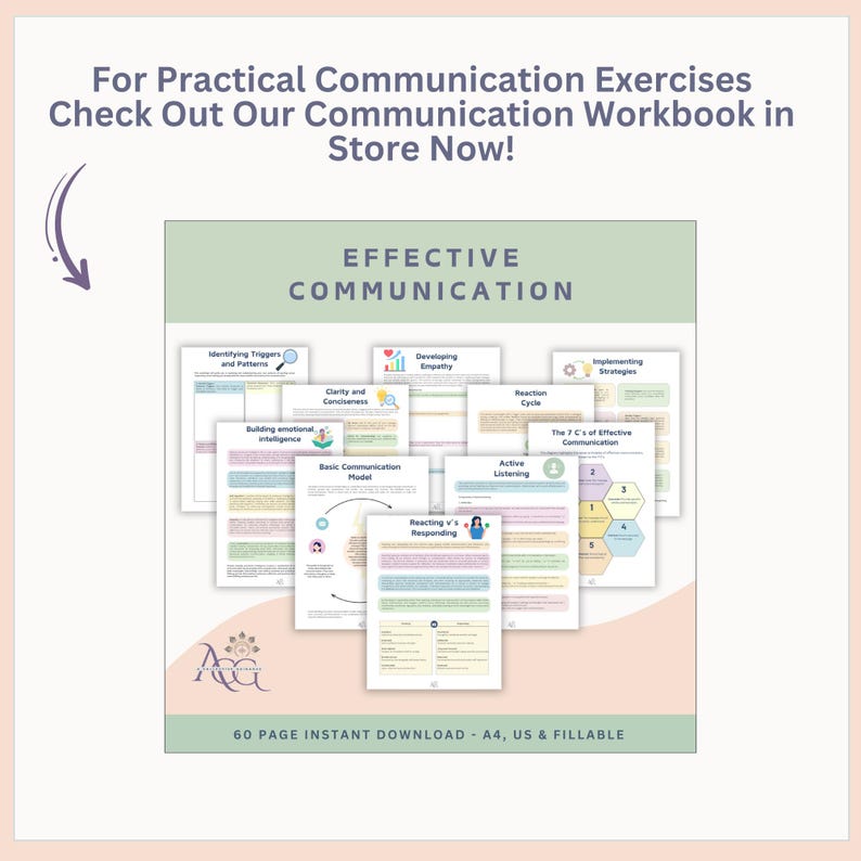 May include: A digital download of a 60-page communication workbook with a green cover and the text "EFFECTIVE COMMUNICATION". The workbook includes worksheets on topics such as identifying triggers, developing empathy, clarity and conciseness, building emotional intelligence, active listening, and reacting and responding.