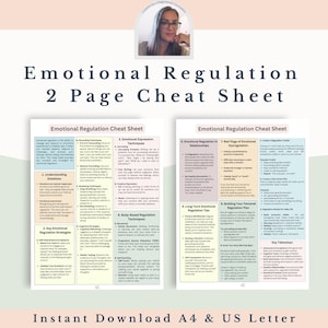 以下が含まれることがあります： 感情の調整のためのヒントと戦略をまとめた、2ページの印刷可能なチートシートです。このチートシートは、感情の理解、感情調整の主要な戦略、感情表現のテクニック、身体ベースの調整テクニック、人間関係における感情調整、感情の乱れのサイン、長期的な感情調整のヒント、個人の調整プランの作成、そして重要なポイントなど、さまざまなセクションに分かれています。このチートシートは、感情を管理し、健康的な対処メカニズムを開発するのに役立ちます。