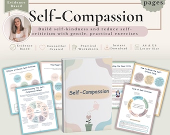 May include: A 32-page self-compassion workbook featuring a central book with a plant illustration, surrounded by various worksheets titled Effects of Chronic Self-Criticism, Understanding The Self-Compassion Wheel, and How to Break the Self-Critical Cycle.