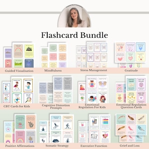 May include: A digital flashcard bundle featuring twelve sets of printable cards for mental health and emotional support. Each set includes colorful illustrations and text prompts covering topics like mindfulness, gratitude, CBT, and emotional regulation.