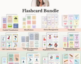 Può includere: Un set di flashcard digitali composto da dodici serie di schede stampabili per il supporto emotivo. Ogni set presenta illustrazioni colorate e testi su temi come la consapevolezza, la gratitudine, la terapia cognitiva e la regolazione emotiva.