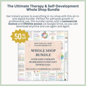 May include: A digital bundle titled "The Ultimate Therapy & Self-Development Whole Shop Bundle" with a 50% off promotion. The bundle includes over 2500 therapy worksheets, instant download, and a commercial license.