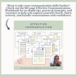 May include: A workbook titled "Effective Communication" with various pages displayed, including "Identifying Triggers and Patterns" and "Active Listening." The text also mentions a 60-page instant download.