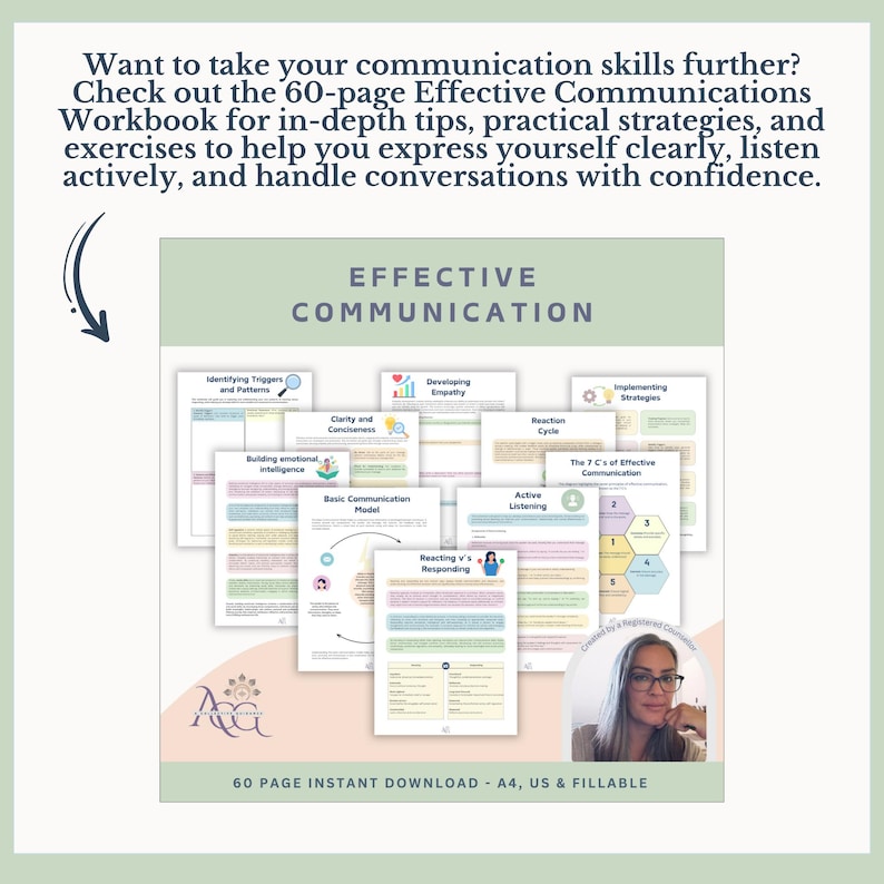 May include: A workbook titled "Effective Communication" with various pages displayed, including "Identifying Triggers and Patterns" and "Active Listening." The text also mentions a 60-page instant download.