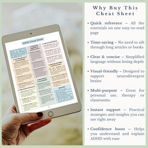 May include: A digital tablet showing an ADHD Cheat Sheet, detailing strategies for time management, organisation, and self-care. The text on the right highlights the cheat sheet's benefits, such as quick reference and instant support.