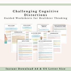 Może przedstawiać: Zbi&oacute;r arkuszy do druku zatytułowanych Challenging Cognitive Distortions: Guided Worksheets for Healthier Thinking. Strony zawierają tekst, kolorowe ramki i ilustracje, dostępne w formatach A4 i US Letter do natychmiastowego pobrania.
