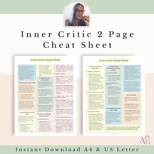 Puede incluir: Una hoja de trucos imprimible de dos páginas con consejos y herramientas para gestionar el crítico interno. La hoja de trucos está dividida en secciones con encabezados como "¿Qué es el crítico interno?", "Identificar al crítico interno", "¿Por qué existe el crítico interno?", "Cómo desafiar al crítico interno", "Herramientas para calmar al crítico interno", "Reconstruir la confianza en sí mismo y la autoestima", "Fortalecer tu voz interior" y "Puntos clave para llevar".