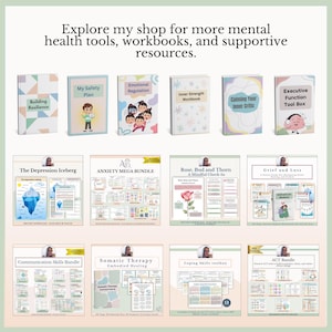 May include: A collection of mental health workbooks and digital resource bundles featuring titles like Building Resilience, My Safety Plan, Emotional Regulation, Inner Strength, Calming Your Inner Critic, Executive Function, and various therapy guides.