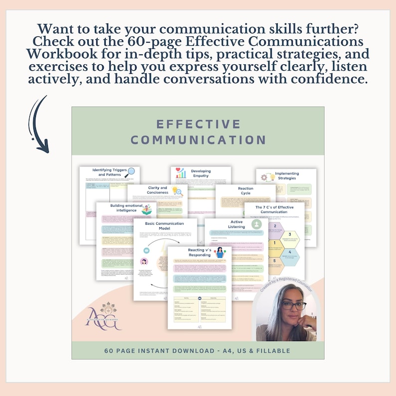 May include: A workbook titled "Effective Communication" with various pages displayed, including "Identifying Triggers and Patterns" and "Developing Empathy." The workbook is a 60-page instant download, A4, US & fillable.