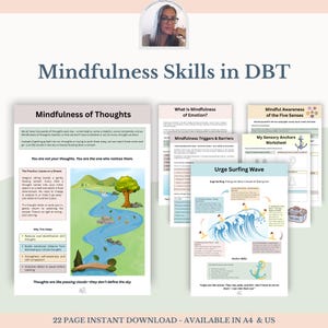DBT Mindfulness Skills Worksheets & Handouts, Therapy Resources, Journal Prompts for Emotional Regulation and Self-Care