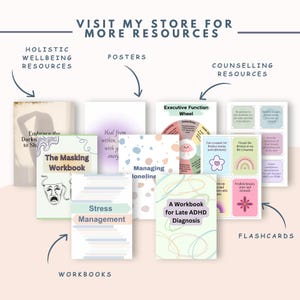May include: A collection of printable resources for holistic wellbeing, including workbooks, posters, and flashcards. The workbooks include titles like "The Masking Workbook", "Stress Management", and "A Workbook for Late ADHD Diagnosis". The posters feature titles like "Heal from within" and "Managing Loneliness". The flashcards include phrases like "I am a magnet for positive energy" and "I trust the process of my journey".